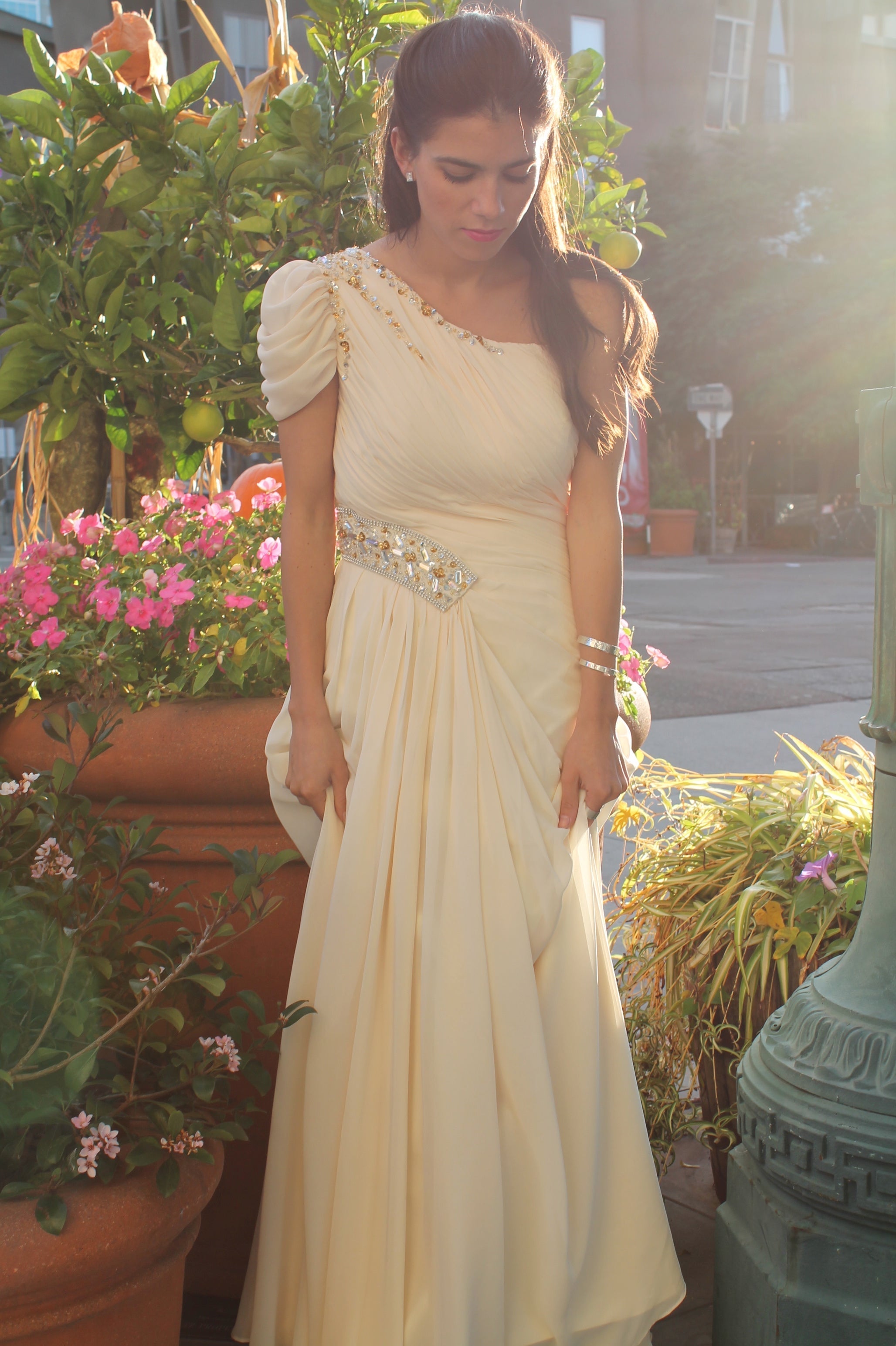 A-line One-shoulder Floor Length Chiffon Beaded Short Sleeve Prom Dress