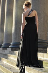 A-line One-shoulder Floor Length Chiffon Front Slit Rhinestone Prom Dress