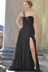 A-line One-shoulder Floor Length Chiffon Front Slit Rhinestone Prom Dress