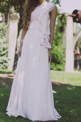 A-line One-shoulder Floor Length Chiffon Hanging Ribbon Prom Dress