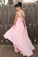 A-line One-shoulder Floor Length Chiffon Paillette Backless Prom Dress