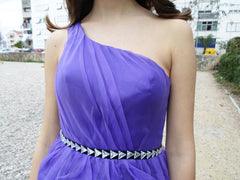 A-line One-shoulder Knee Length Tulle Rhinestone Backless Prom Dress