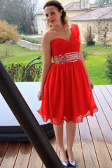 A-line One-shoulder Knee Length Tulle Spaghetti Homecoming Dress