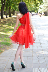 A-line One-shoulder Sweetheart Knee Length Tulle Rhinestone Homecoming Dress