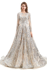 A-line Round Lace Sequined Floor-length Long Sleeve Open Back Prom Dress