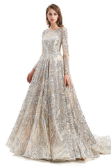 A-line Round Lace Sequined Floor-length Long Sleeve Open Back Prom Dress