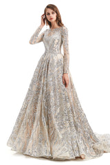 A-line Round Lace Sequined Floor-length Long Sleeve Open Back Prom Dress