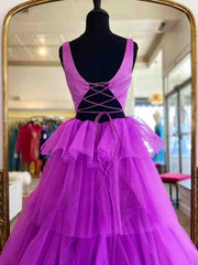 A Line Ruffles Purple Tulle Long Prom Dress