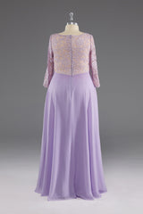 Lilac A-Line 3/4 Sleeves Scoop Lace Prom Dress