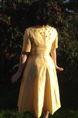 A-line Small Round Collar Tea Length Charmuse Beaded Prom Dress