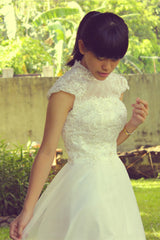 A-line Small Round Collar Tea Length Short Sleeves Tulle Applique Lace Wedding Dress