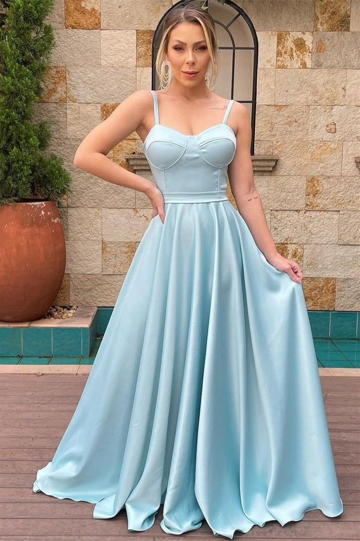 A-line Spaghetti strap Floor Length Sleeveless Backless Prom Dress