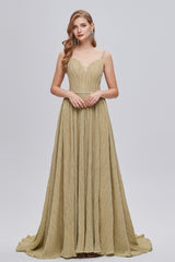 A-line Spaghetti strap Floor-length Sleeveless Open Back Elegant Beautiful Prom Dresses