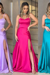 A-line Spaghetti strap Sleeveless Sweetheart High Split Floor-length Prom Dress