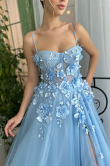 A-line Spaghetti strap Sweetheart Floor-length Sleeveless Split Front Appliques Lace Prom Dress