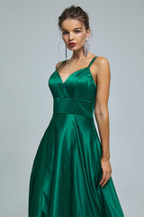 A-line Spaghetti strap Sweetheart Satin Floor-length Sleeveless Backless High Split Prom Dress