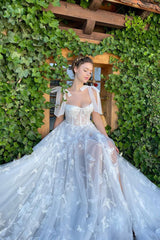 A-line Spaghetti strap Sweetheart Sleeveless High Split Floor-length Lace Puffy Flowers Wedding Dress