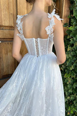A-line Spaghetti strap Sweetheart Sleeveless Tea-length Lace Puffy Flowers Wedding Dress