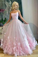 A-line Spaghetti Straps Pink Tulle Prom Dress