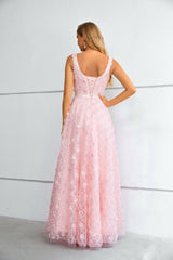 A-line Square Lace Applique Floor-length Sleeveless Backless Prom Dress