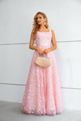 A-line Square Lace Applique Floor-length Sleeveless Backless Prom Dress