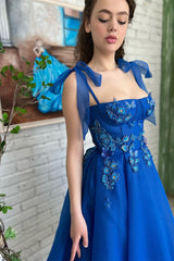 A-line Square Tea-length Sleeveless Open Back Appliques Lace Cute Prom Dress