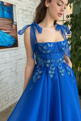 A-line Square Tea-length Sleeveless Open Back Appliques Lace Cute Prom Dress