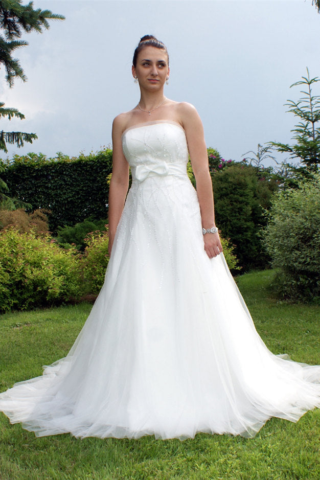 A-line Strapless Floor Length Tulle Applique Beaded Bow Wedding Dress