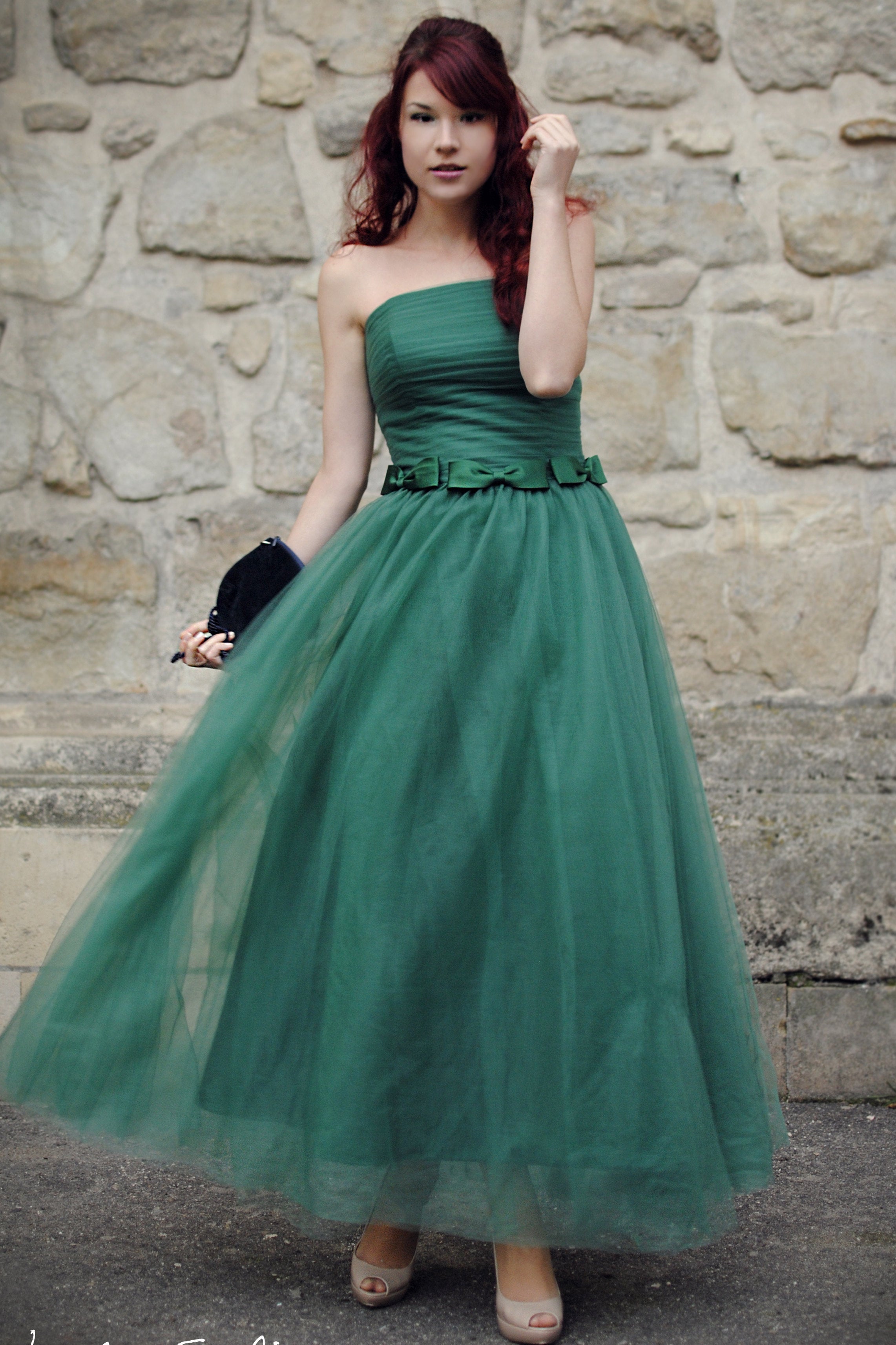 A-line Strapless Floor Length Tulle Bows Backless Prom Dress