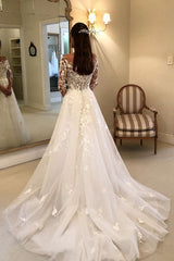 A-line Strapless Long Sleeves Court Train Tulle Applique Wedding Dress