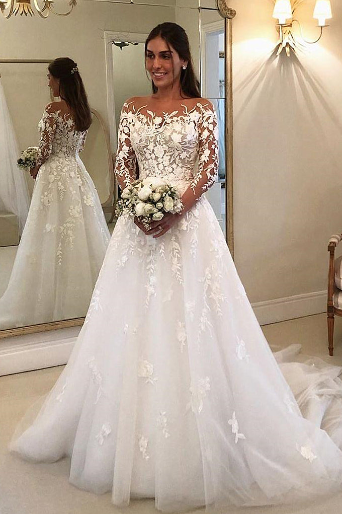 A-line Strapless Long Sleeves Court Train Tulle Applique Wedding Dress