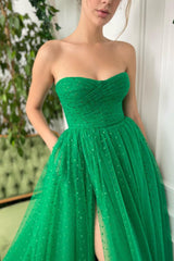 A-line Strapless Sweetheart Sequined Floor-length Sleeveless Open Back High Split Prom Dress