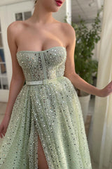 A-line Strapless Sweetheart Sequined High Split Floor-length Sleeveless Open Back Sexy Prom Dress