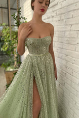 A-line Strapless Sweetheart Sequined High Split Floor-length Sleeveless Open Back Sexy Prom Dress