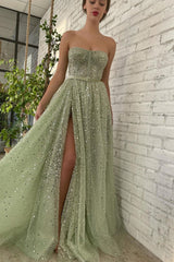 A-line Strapless Sweetheart Sequined High Split Floor-length Sleeveless Open Back Sexy Prom Dress