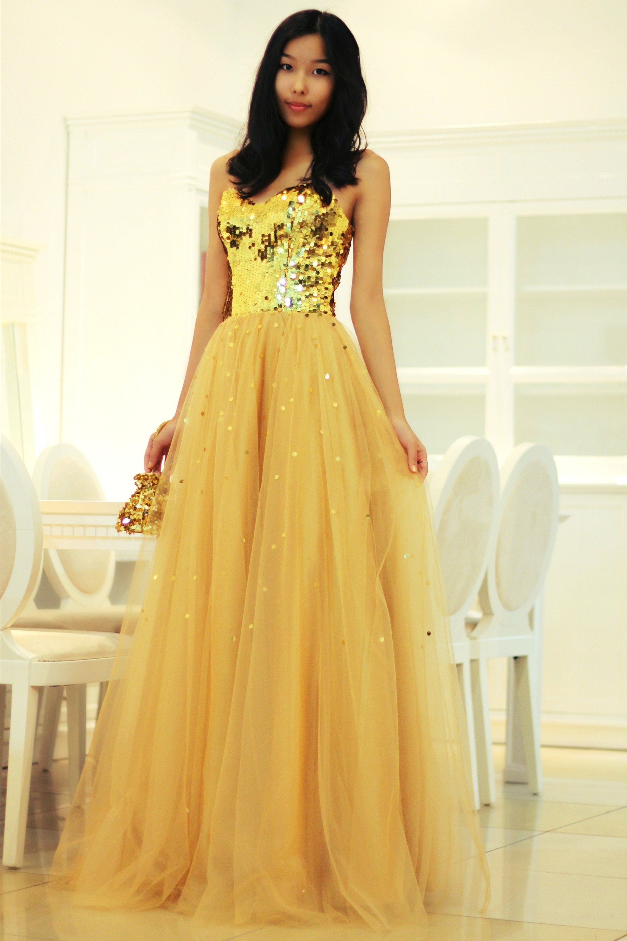 A-line Sweetheart Floor Length Tulle Paillette Prom Dress