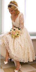 A Line V Neck 3/4 Long Sleeves Lace Wedding Dress New Arrival Tea Length Plus Size Bridal Gown