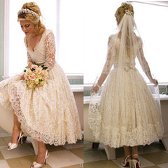 A Line V Neck 3/4 Long Sleeves Lace Wedding Dress New Arrival Tea Length Plus Size Bridal Gown