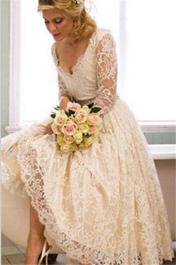 A Line V Neck 3/4 Long Sleeves Lace Wedding Dress New Arrival Tea Length Plus Size Bridal Gown