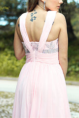 A-line V-neck Floor Length Chiffon Rhinestone Backless Prom Dress