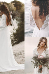 A-Line V-neck Floor-length Long Sleeve Lace Appliques Lace Wedding Dress