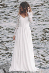 A-Line V-neck Floor-length Long Sleeve Lace Appliques Lace Wedding Dress
