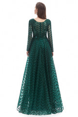 A-line V-neck Floor-length Long Sleeve Lace Sequined Prom Dress