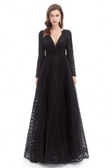 A-line V-neck Floor-length Long Sleeve Lace Sequined Prom Dress