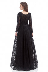 A-line V-neck Floor-length Long Sleeve Lace Sequined Prom Dress