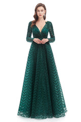 A-line V-neck Floor-length Long Sleeve Lace Sequined Prom Dress