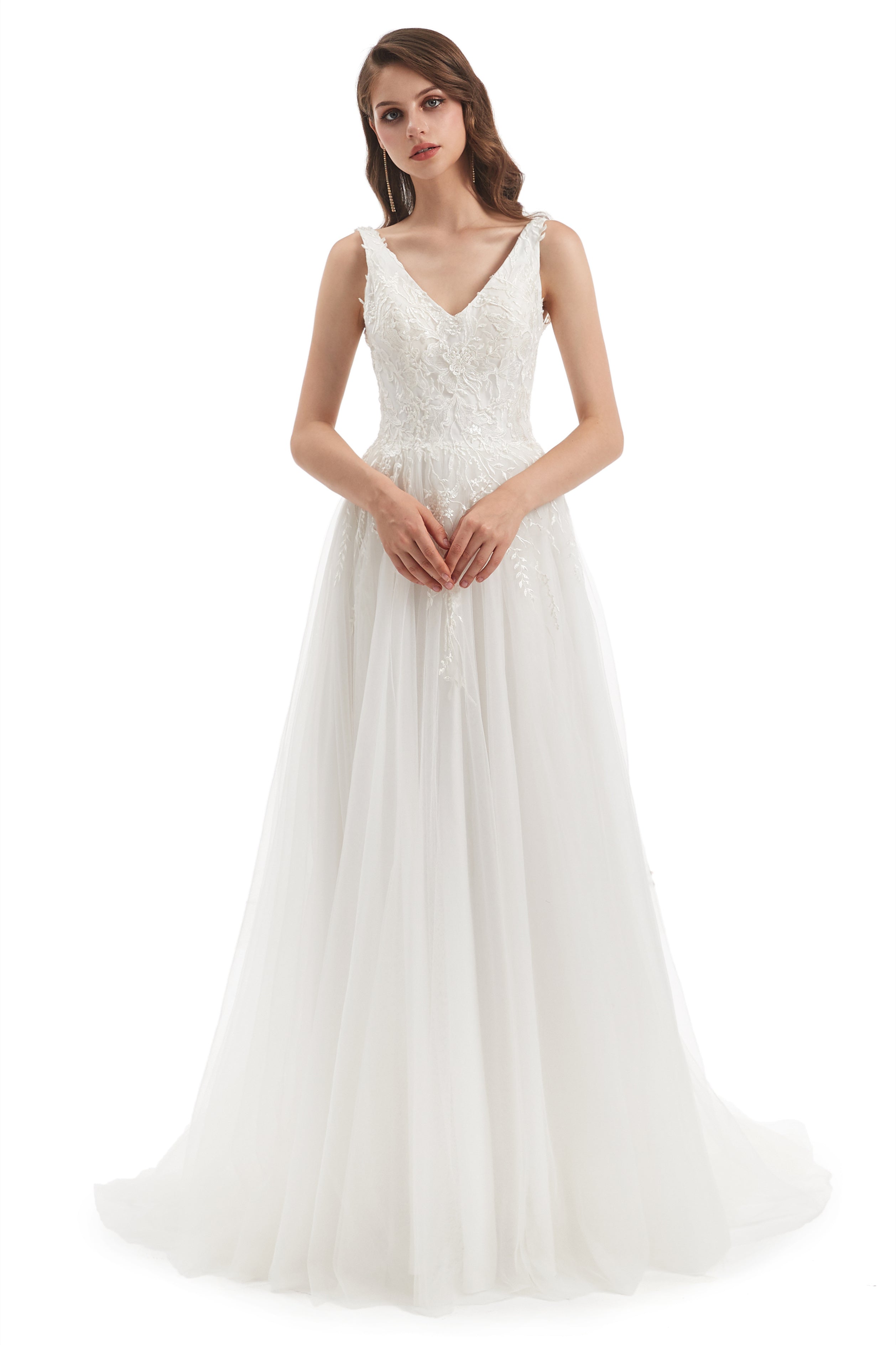 A-line V-neck Floor-length Sleeveless Backless Appliques Lace Wedding Dress