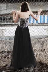 A-line V-neck Floor Length Tulle Rhinestone Corset Prom Dress