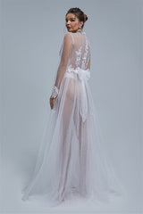 A-line V-neck High Split Tulle Floor-length Long Sleeve Appliques Lace Wedding Dress Cover