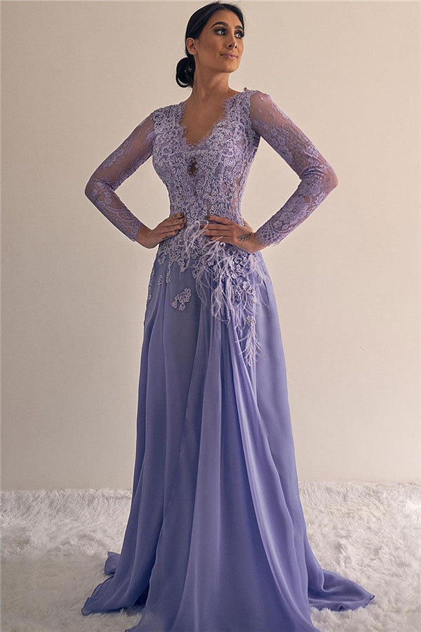 A-line V-neck Lace Formal Dresses Long Sleevess Lilac Evening Gowns